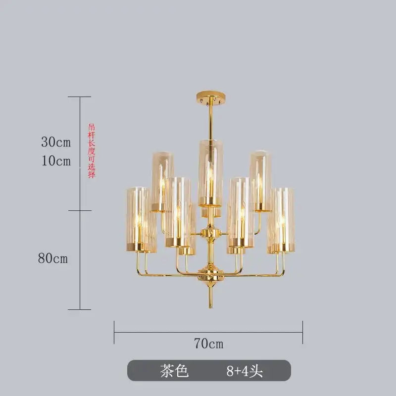 Gold-toned decorbites glass chandelier with eight and four cylindrical blue glass shades for luxury dining rooms