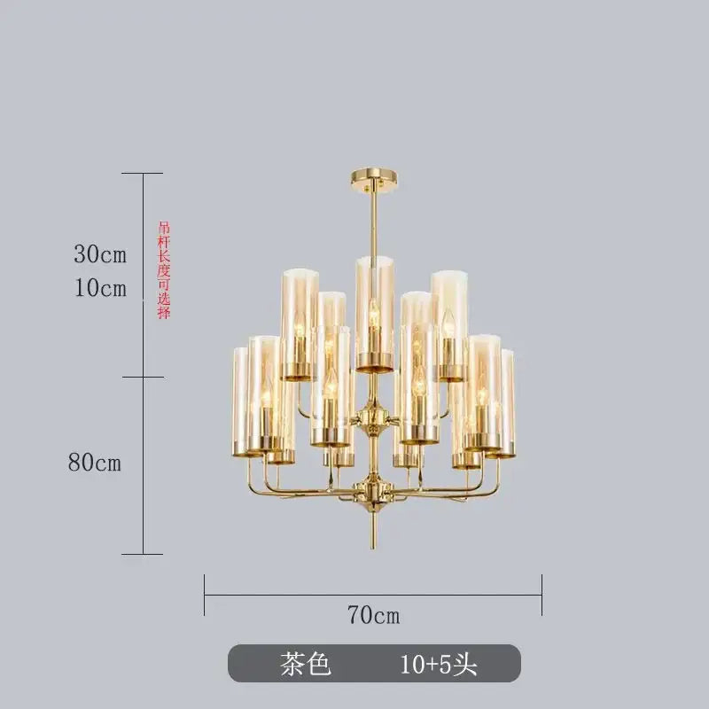 Gold-toned decorbites glass chandelier with ten plus five frosted glass cylinder shades for luxury dining room lighting