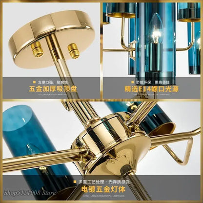 Blue glass tube decorbites glass chandelier with gold-plated metal fixtures luxury dining room light