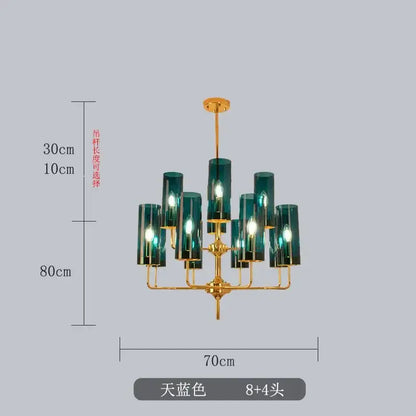 Elegant teal decorbites glass chandelier with gold-toned metal frame and 12 light fixtures for luxury dining room lighting