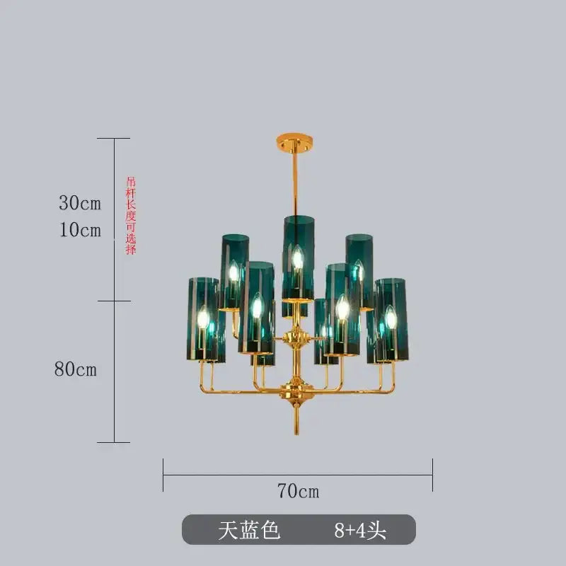 Elegant teal decorbites glass chandelier with gold-toned metal frame and 12 light fixtures for luxury dining room lighting