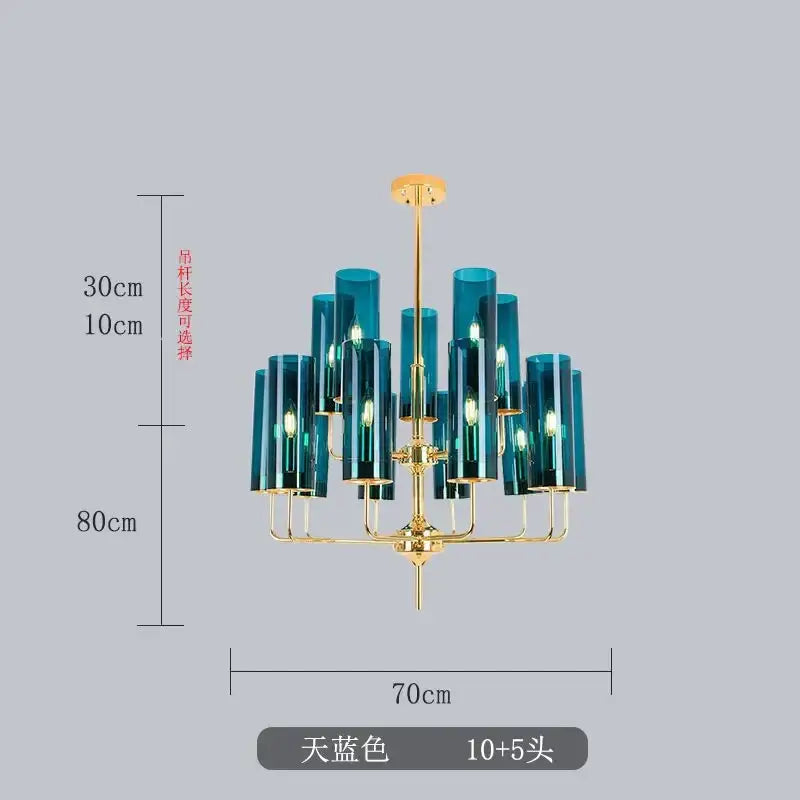 A decorbites glass chandelier with gold-toned metal frame and teal glass shades for luxury dining room lighting
