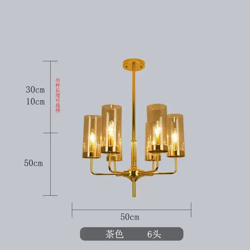 Gold-toned decorbites glass chandelier with six amber-tinted shades for luxury dining room lighting