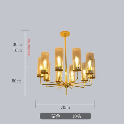Gold-toned decorbites glass chandelier with ten cylindrical glass shades luxury dining room light fixture