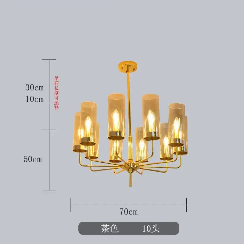 Gold-toned decorbites glass chandelier with ten cylindrical glass shades luxury dining room light fixture