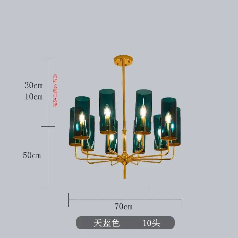 A decorbites glass chandelier with gold-toned metal frame and ten teal glass shades for luxury dining rooms