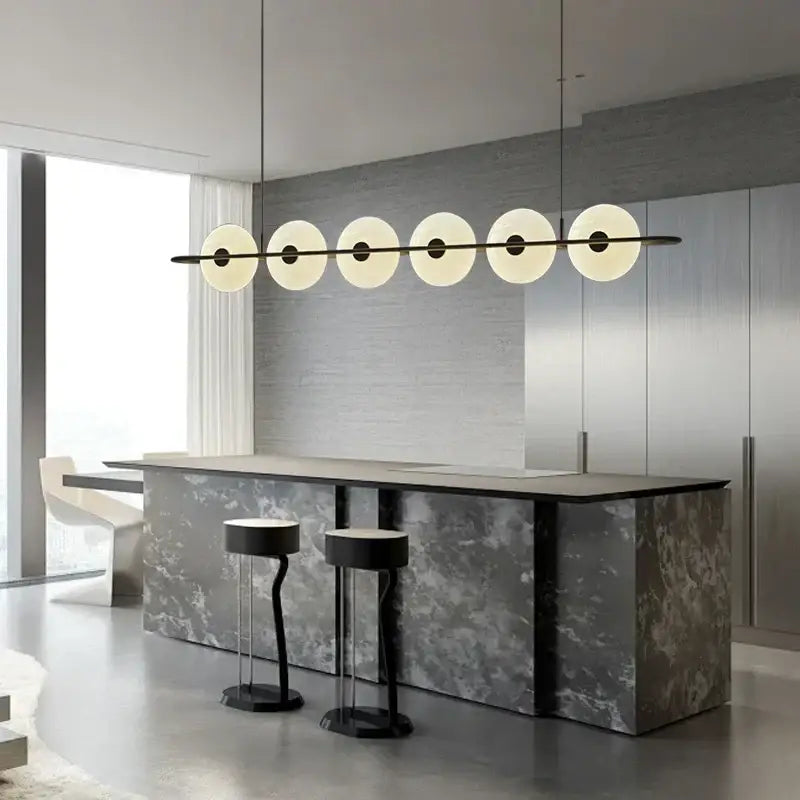 Modern minimalist decorbites glass chandelier with six frosted glass shades on a black metal bar for dining room lighting