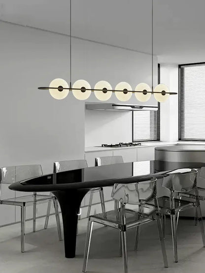 Modern minimalist decorbites glass chandelier with six frosted glass shades and black metal bar for dining room lighting