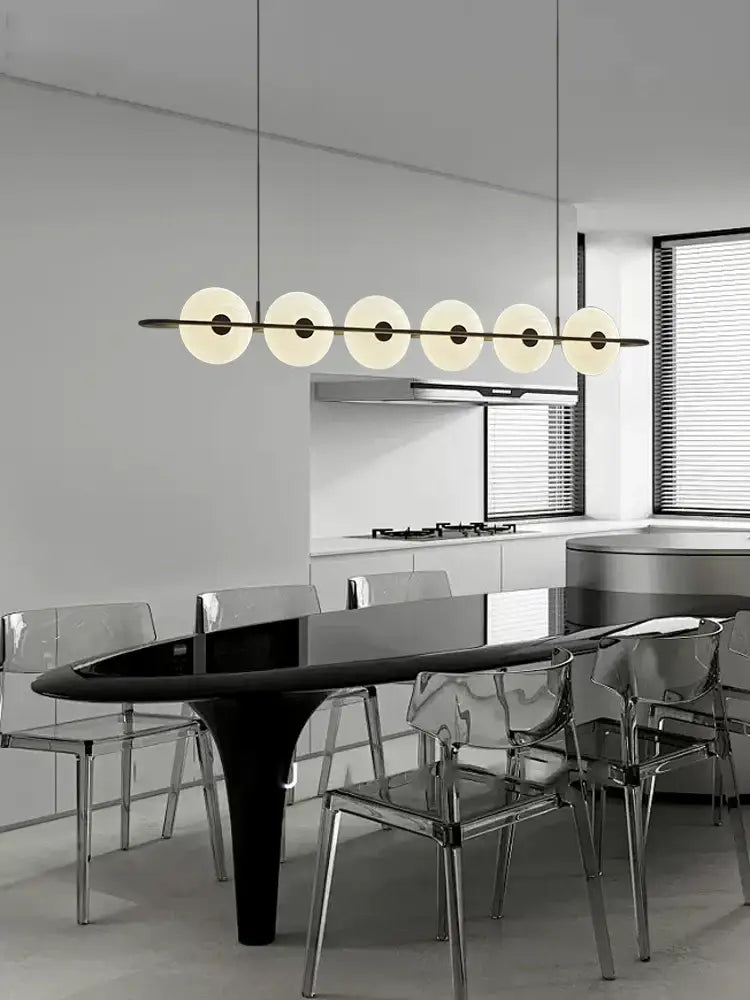 Modern minimalist decorbites glass chandelier with six frosted glass shades and black metal bar for dining room lighting