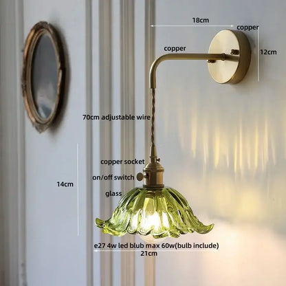 Vintage-style DecorBites™ copper green flower LED wall sconce with a green petal-shaped glass shade and pull chain