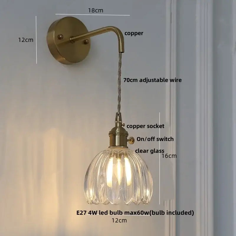 Vintage-style copper green flower led wall sconce with clear ribbed glass shade and adjustable wire pull chain by decorbites