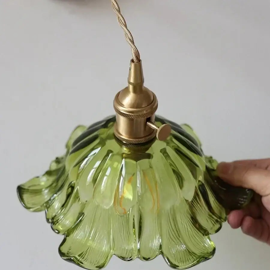 DecorBites™ glass and copper green flower led wall sconce with vintage green flower led pendant light and brass socket