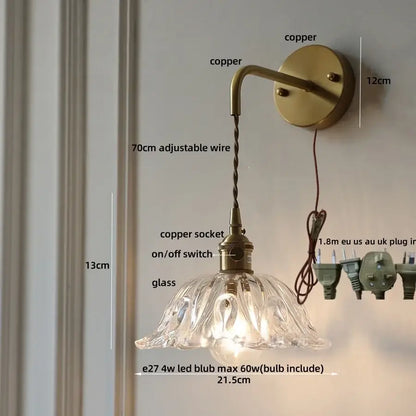 DecorBites™ copper green flower led wall sconce with clear fluted glass shade and adjustable 70cm wire pull chain
