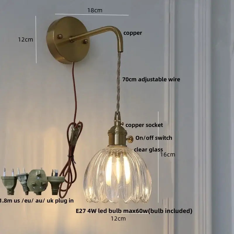 Decorbites™ flower led wall sconce with antique brass finish clear ribbed glass shade and adjustable copper wire