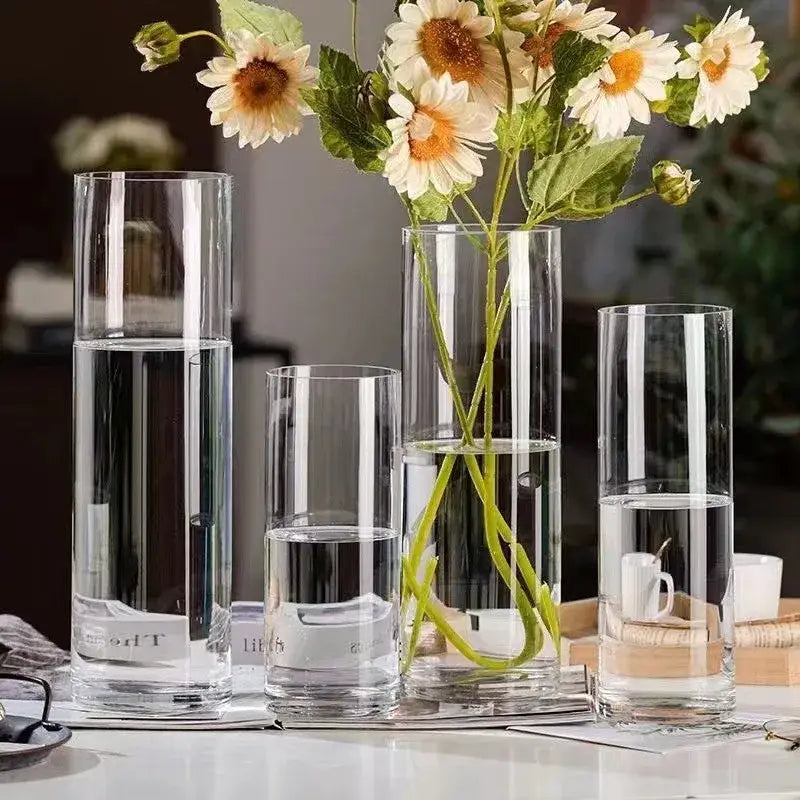Clear cylindrical glass vase planter vase with white daisies filled with water by DecorBites™ hydroponic desktop planter vase