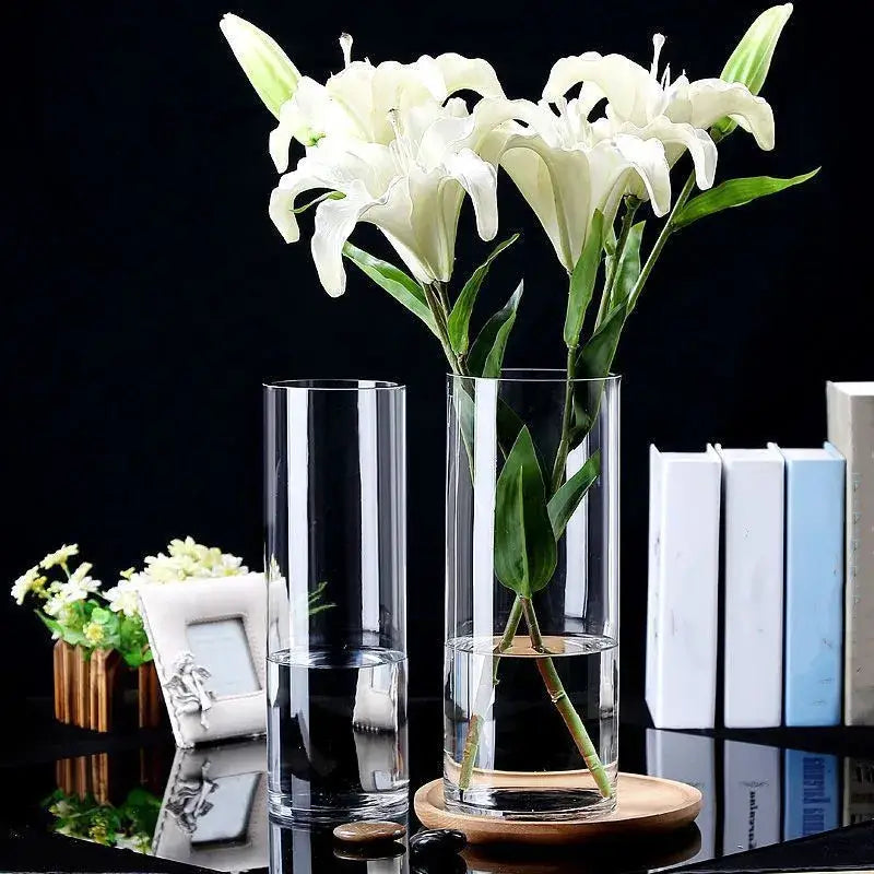 Decorbites™ glass hydroponic desktop planter vase with clear cylindrical glass vase holding white lilies and green stems