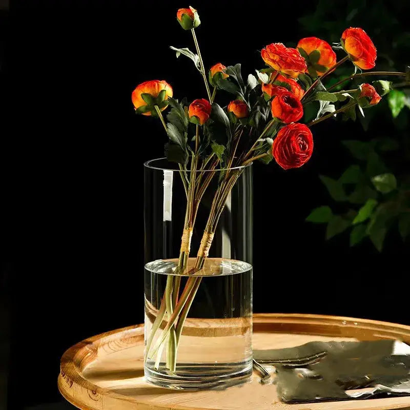 DecorBites glass vase hydroponic planter vase holding vibrant orange and red ranunculus flowers