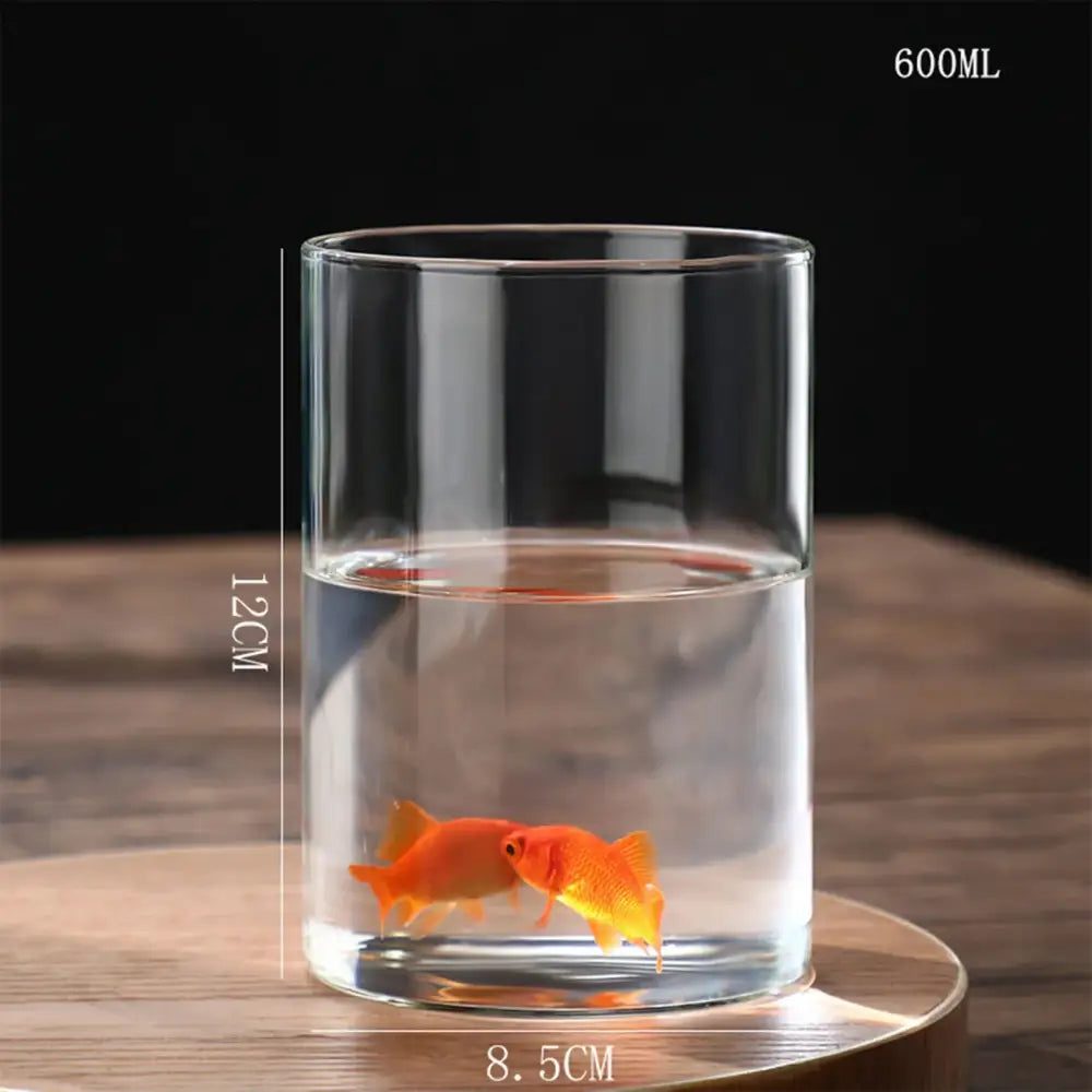 Clear glass vase planter vase DecorBites™ 600ml with two orange goldfish and water half-filled, 12cm height by 8.5cm diameter