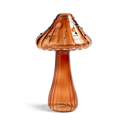 Amber-colored glass vase shaped like a mushroom with textured ribbed stem and dotted cap for hydroponic flower home decor