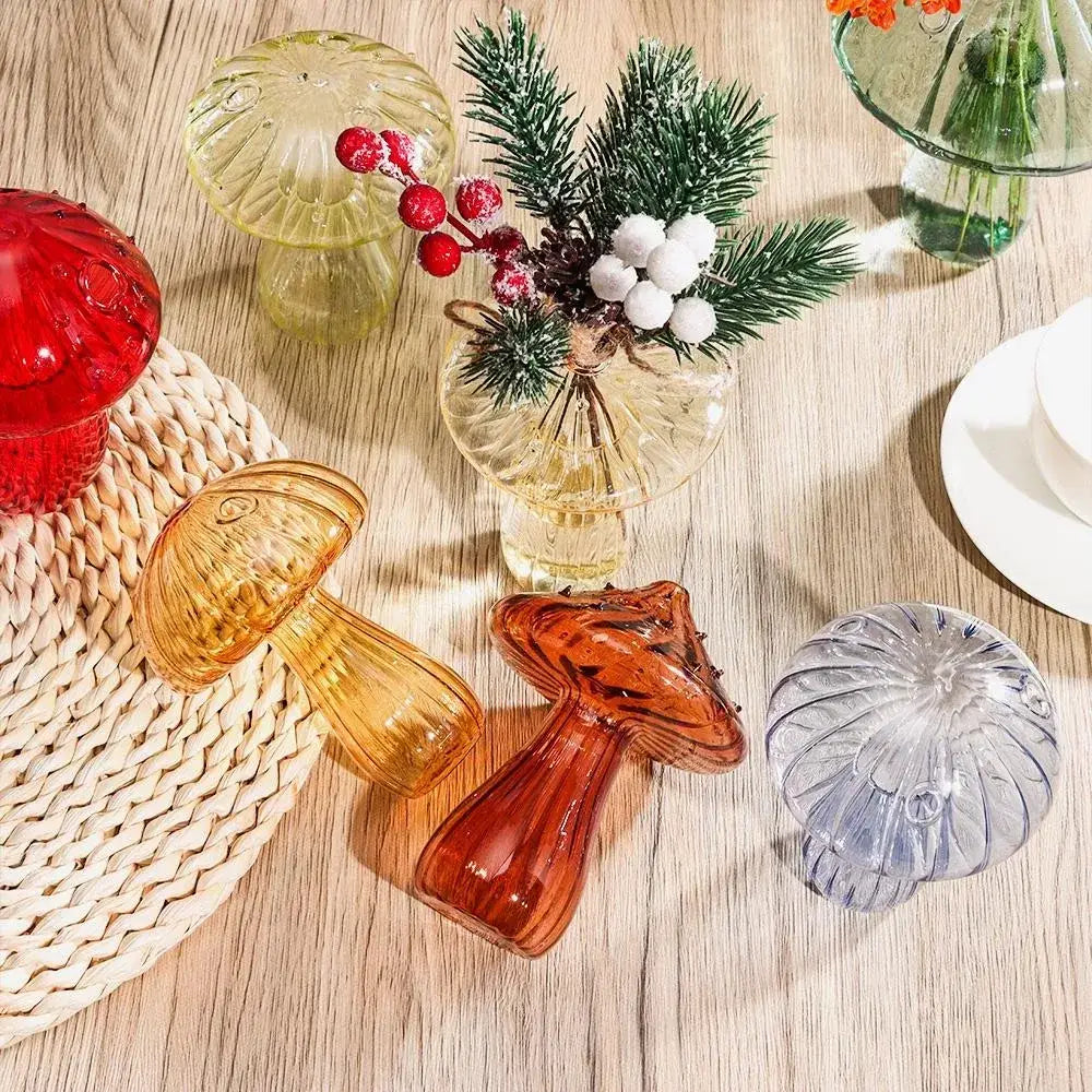 DecorBites glass vase with colorful translucent mushroom ornaments in red amber and clear for hydroponic flower home decor