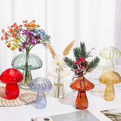 A collection of colorful translucent glass vases in red blue green and amber for home decor hydroponic flowers