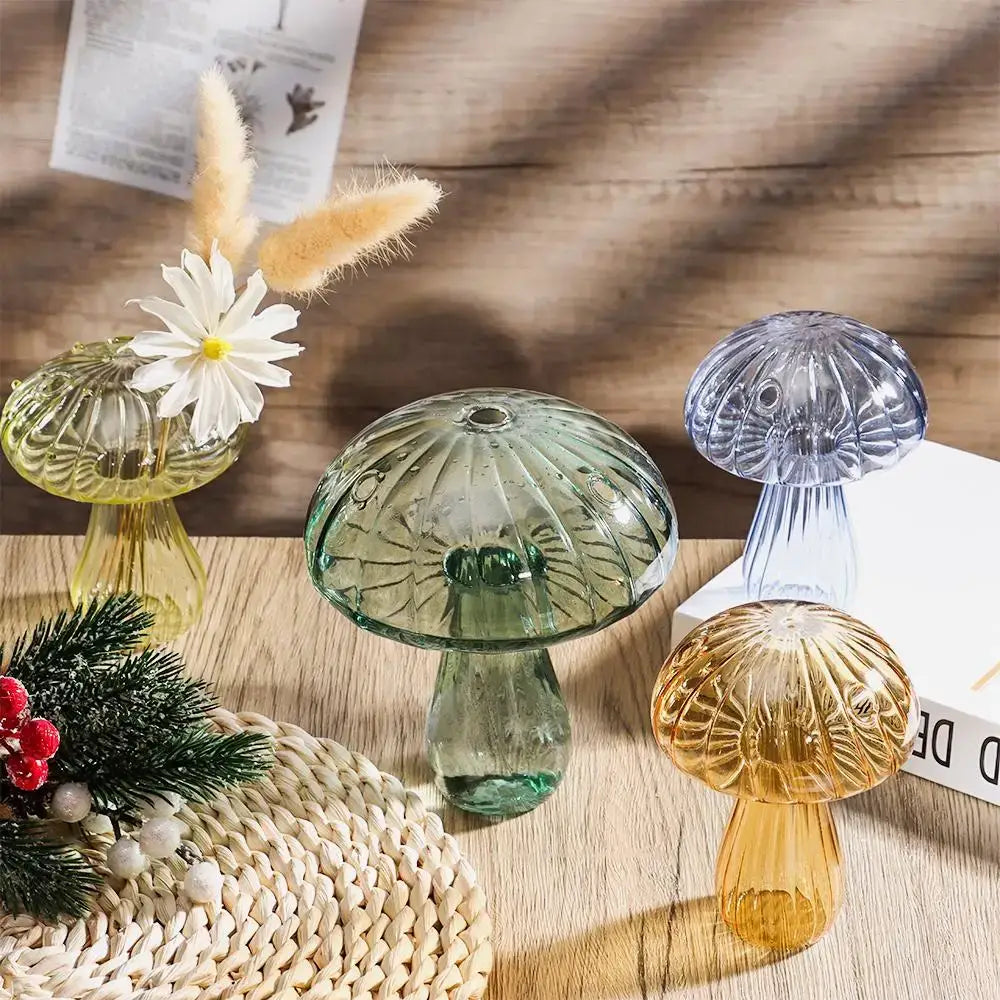 DecorBites™ glass vase set with colorful ribbed mushroom shapes perfect for hydroponic flowers and home decor