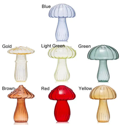 Decorbites glass hydroponic flower vase is a translucent blue glass vase shaped like a ribbed mushroom for home decor