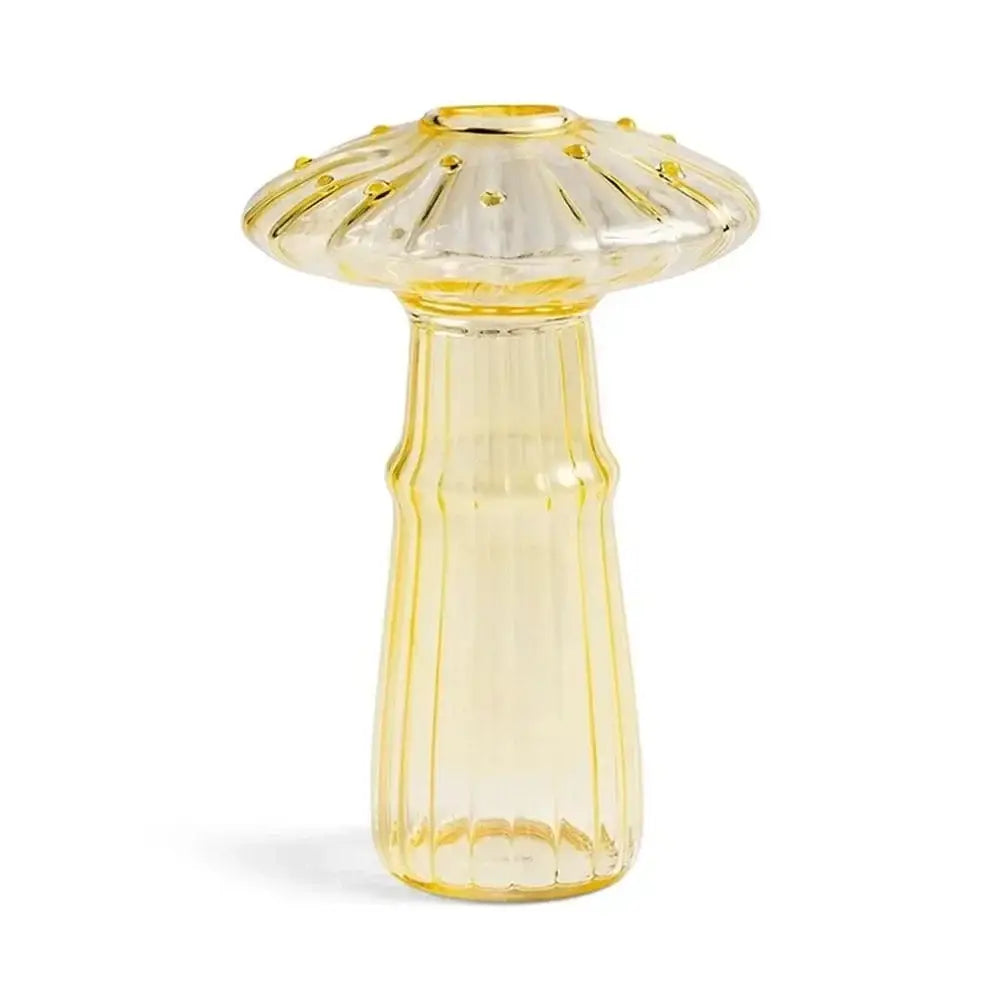Translucent yellow glass vase with fluted mushroom top and ridged stem for hydroponic flower home decor by decorbites