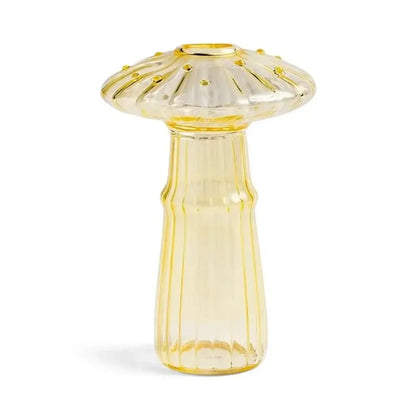 Translucent yellow glass vase with fluted mushroom top and ridged stem for hydroponic flower home decor by decorbites