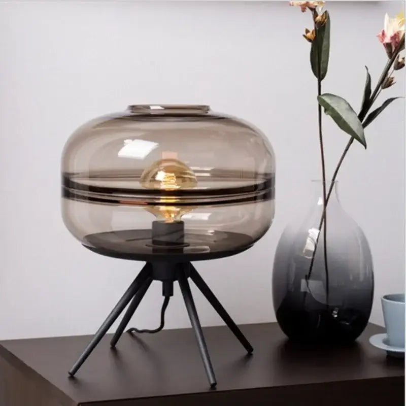 Modern smoked glass desk lamp with metal nordic sofa tripod base for postmodern bedroom and living room decor