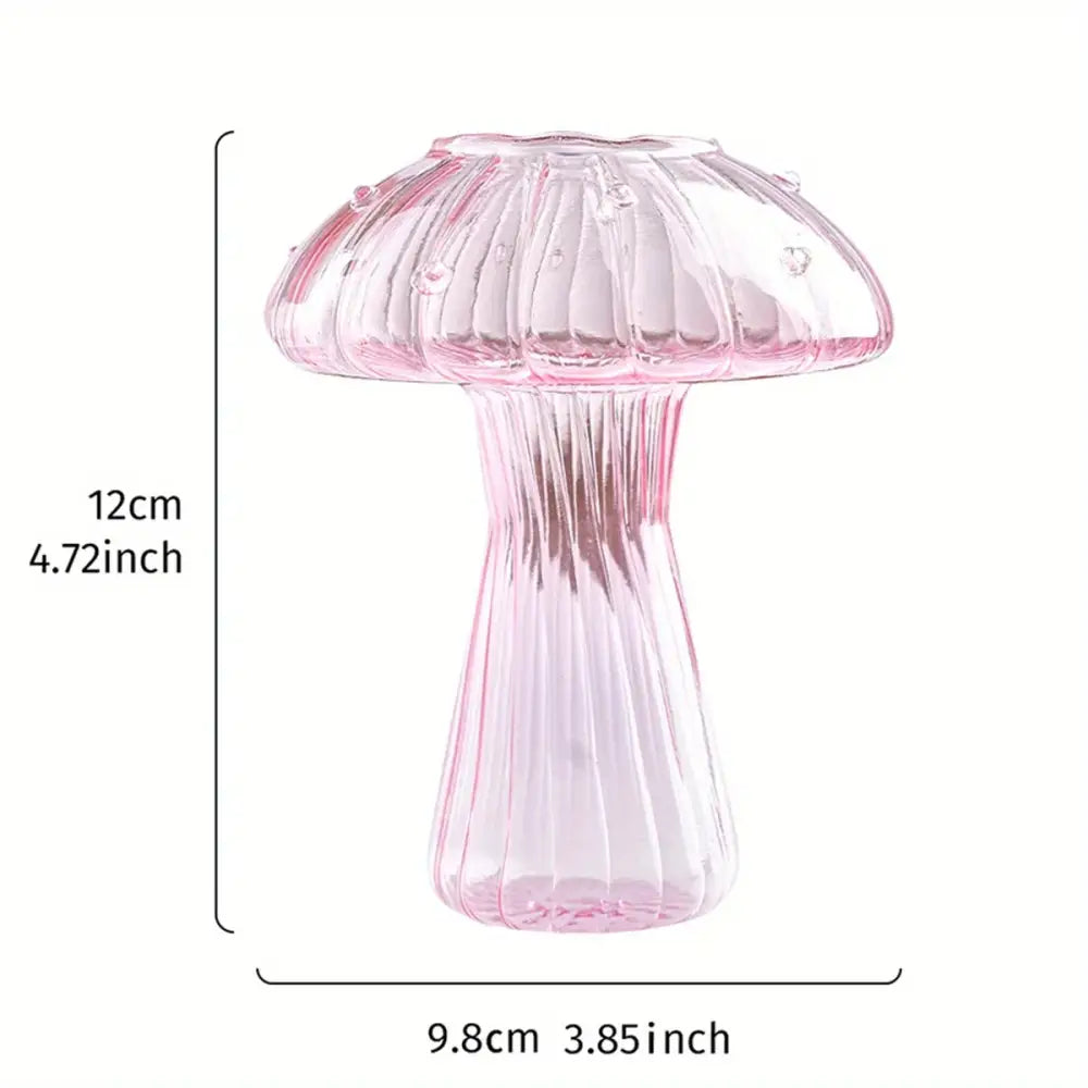 Decorbites™ glass mushroom hydroponic planter featuring a translucent pink ribbed glass mushroom vase for home and garden