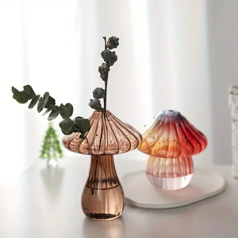 DecorBites™ amber glass mushroom hydroponic planter with vertical ridges holding eucalyptus and dark berries