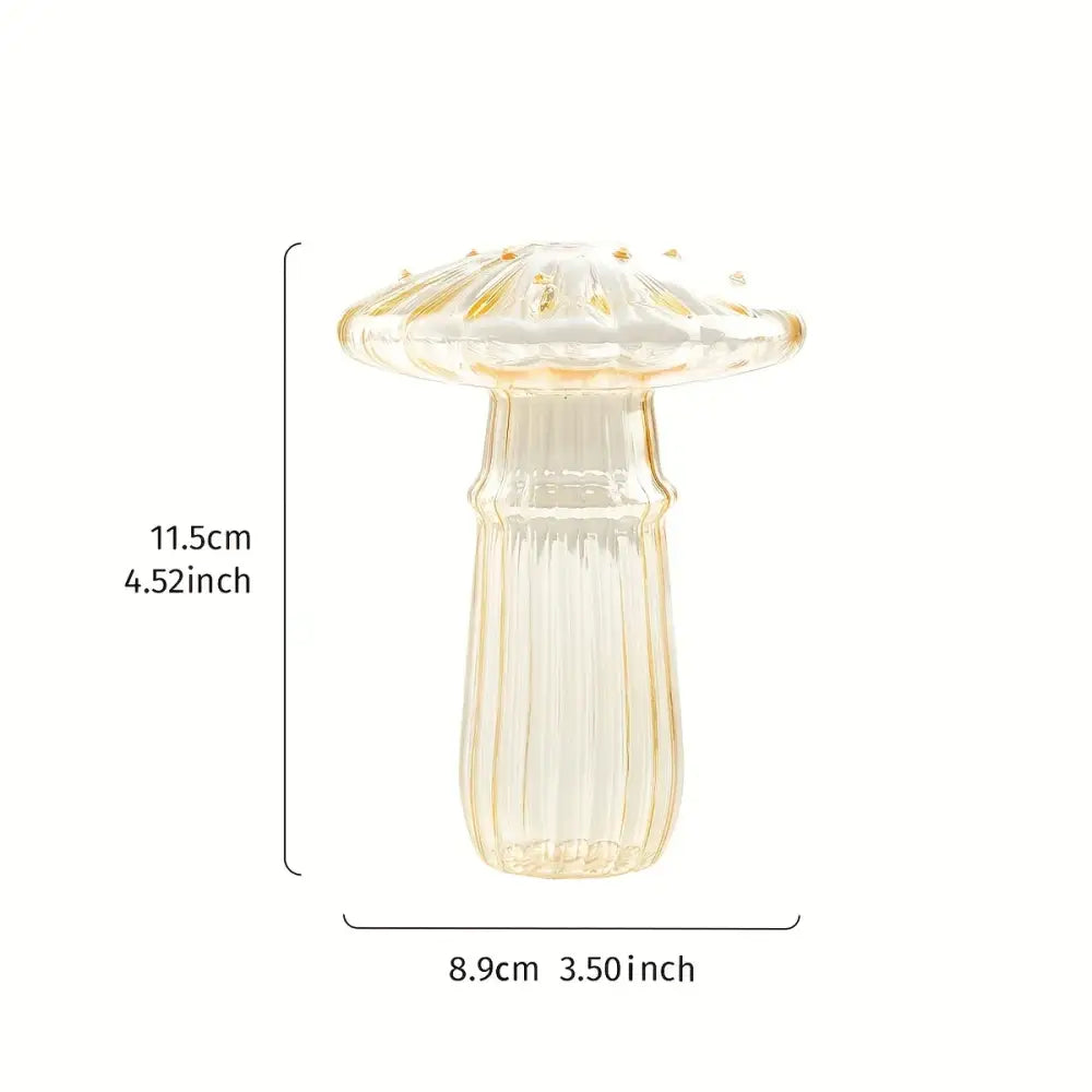 DecorBites™ translucent amber glass mushroom hydroponic planter with ribbed stem and golden cap details for home and garden