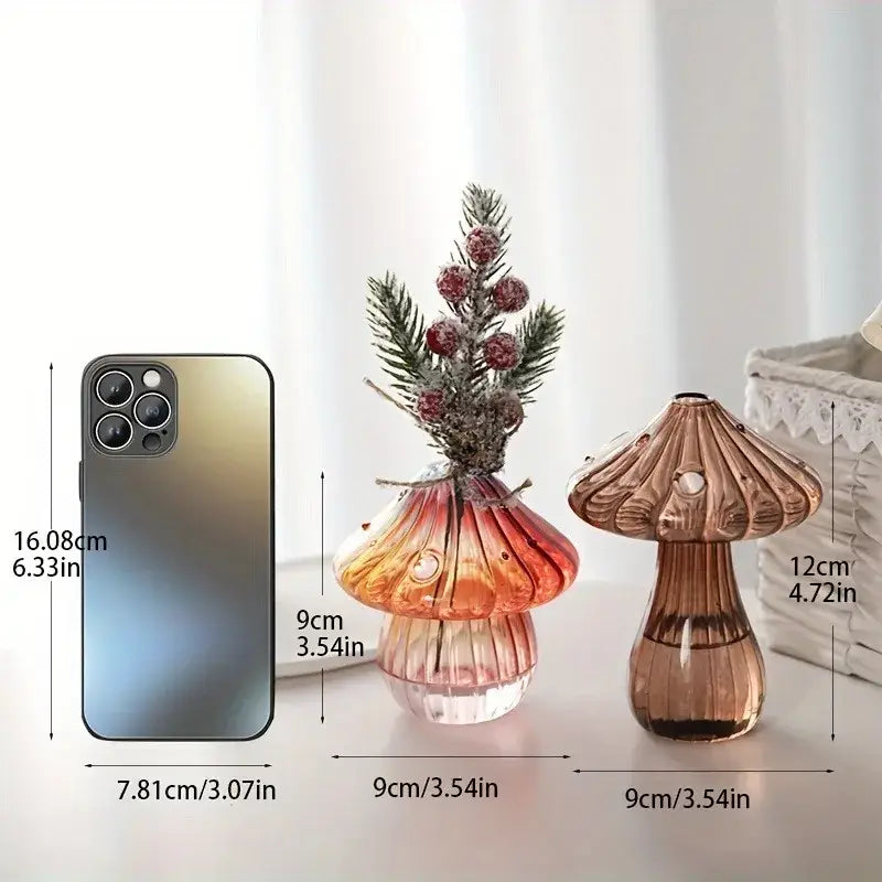 DecorBites™ glass mushroom hydroponic planter with translucent gradient glass and textured cap for home and garden