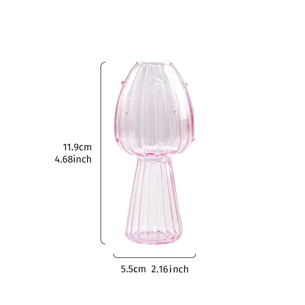 DecorBites™ glass mushroom hydroponic planter in translucent pink with vertical ridges and rounded edge embellishments