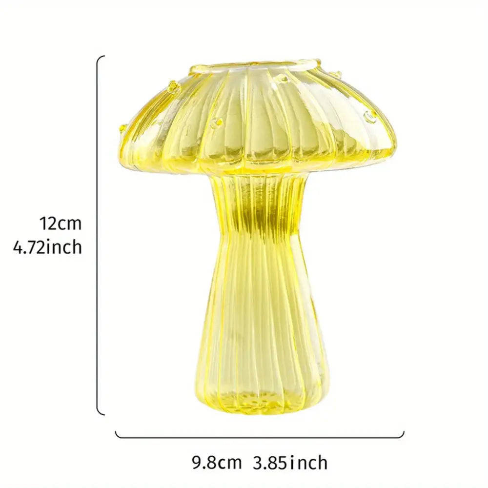 A translucent yellow glass mushroom hydroponic planter with vertical ridges and bead-like accents for home and garden