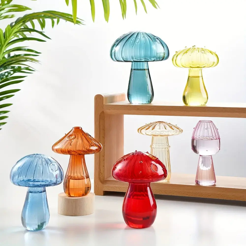 Decorbites™ vibrant translucent glass mushroom hydroponic planter in blue orange red and yellow for home and garden