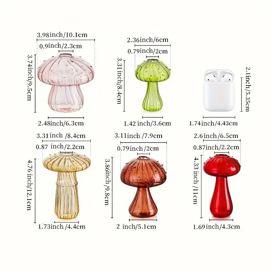 Decorbites glass mushroom hydroponic planter set with pink green amber and red translucent glass vases for home and garden