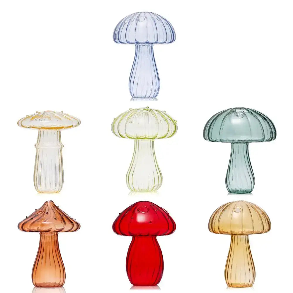 Set of six colorful translucent glass mushroom shaped vases by decorbites for home decor in blue green amber and red