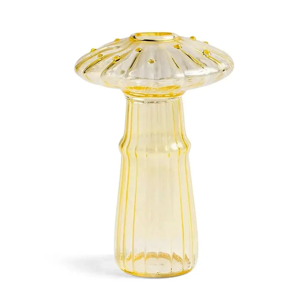 DecorBites™ translucent yellow glass mushroom shaped vase with fluted top and vertical ridges for home decor