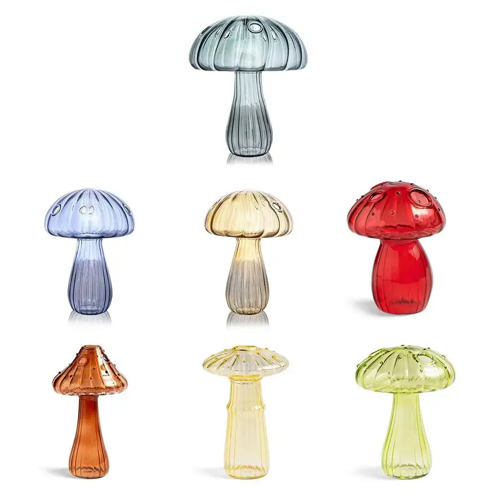 Translucent soft blue glass mushroom shaped vase with ribbed texture and circular indentations by DecorBites™ for home decor
