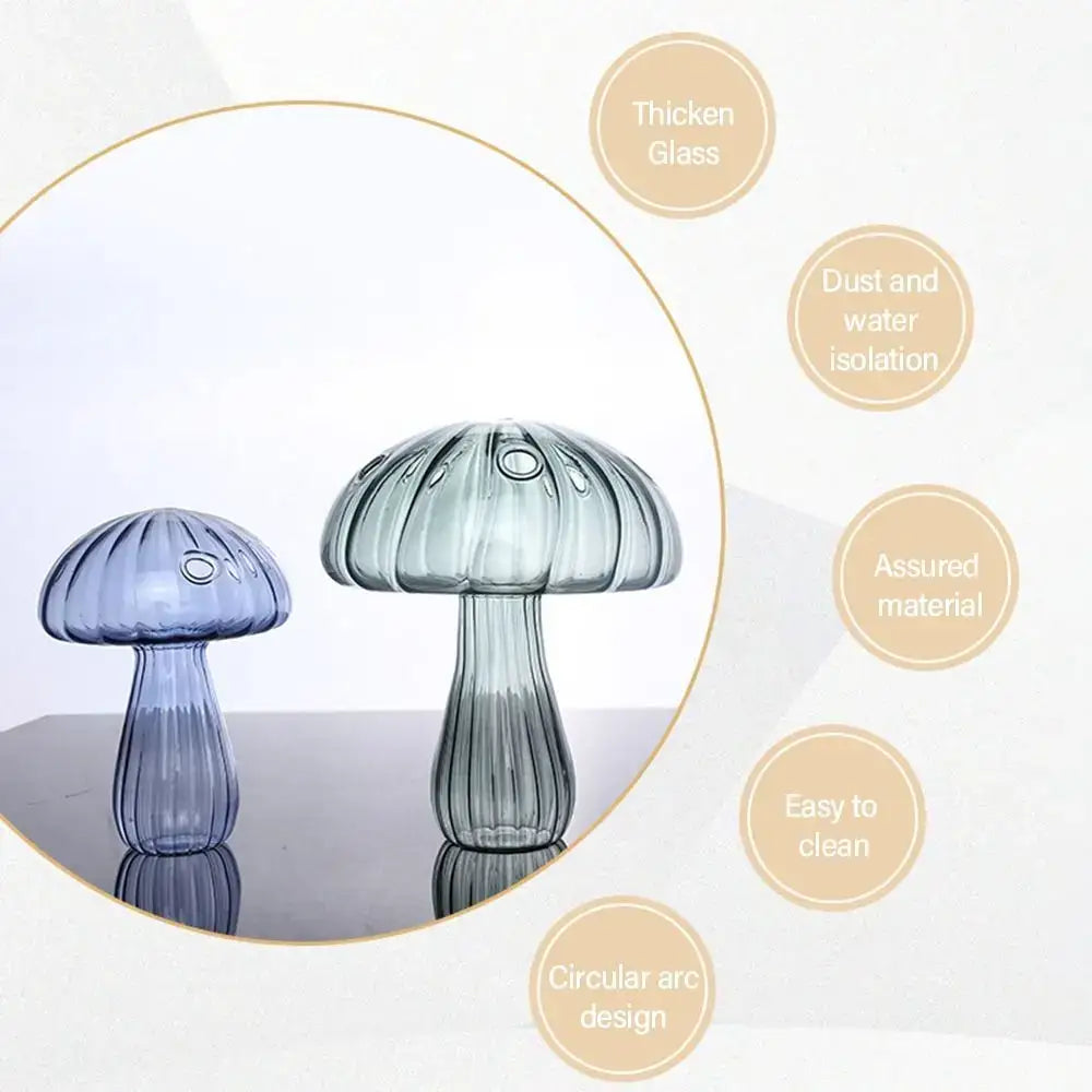 DecorBites™ glass mushroom shaped vases in translucent blue and muted gray-green with ribbed caps for home decor