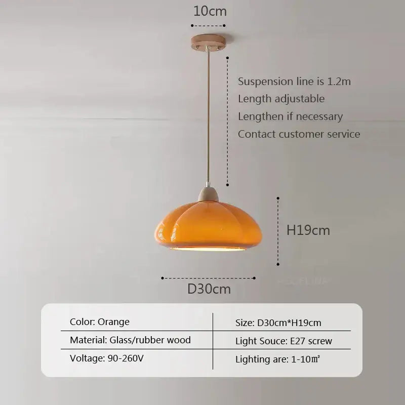 DecorBites™ glass pendant lamp with orange glass shade rubber wood ceiling mount and metal suspension line pendant lamps
