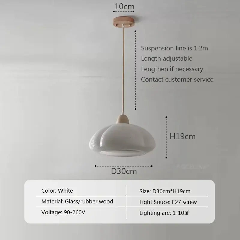 White ceramic glass pendant lamps with glass and rubber wood finish and adjustable suspension line by DecorBites