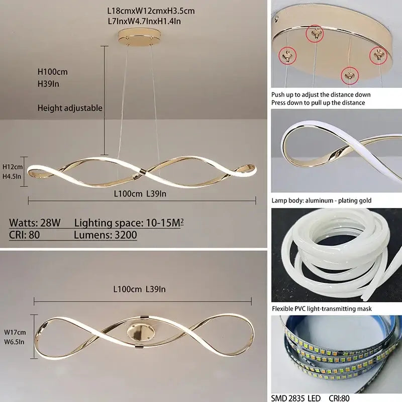 Gold-plated aluminum infinity-shaped led ceiling light with white pvc diffuser for modern home decor pendant lights