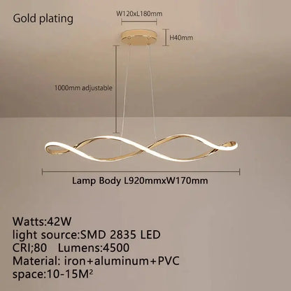 Gold-plated modern glass pendant lights with sleek twisted design and adjustable hanging length for home decor