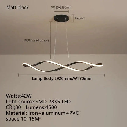 Matte black modern glass pendant light with sleek twisted design and integrated LED for contemporary home decor