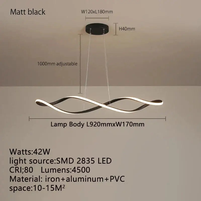 Matte black modern glass pendant light with sleek twisted design and integrated LED for contemporary home decor