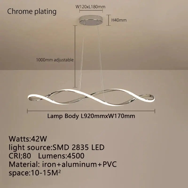 A sleek chrome-plated led glass pendant light with a modern twisted design for contemporary home decor