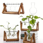 Wooden triangular stand holding clear glass vases with plants in decorbites™ glass planter propagation station